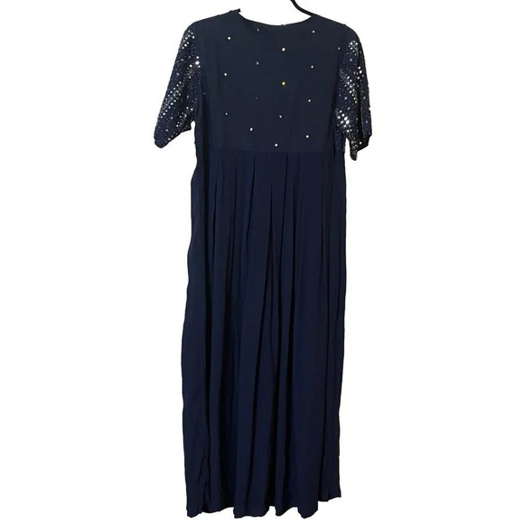 Vintage April Cornell Maxi Dress Womens M Navy Blue Mirror Beaded Cotton Rayon - Picture 6 of 6